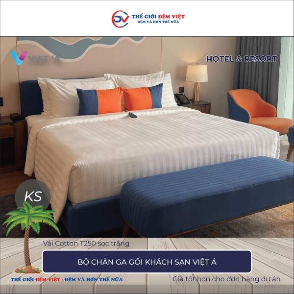 Bộ chăn ga gối khách sạn Việt Á Cotton T250 sọc trắng